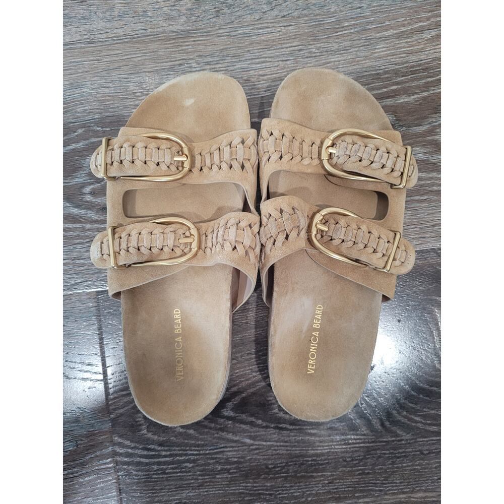 Veronica Beard Tan Suede Braided Buckle Slide Sandals